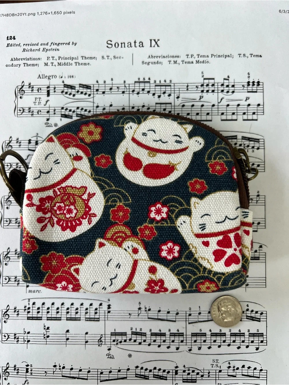 Lucky Cat Pattern Small Wallet - Navy and Red